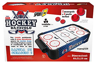 Sport1 air hockey table-top. Gioco da tavolo elettrico. Air mini con ventola 12V. Misure 60x31x10cm con 2 manopole e 2 dischi inclusi. Completo di segnapunti integrato. Idea regalo