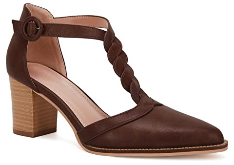 Womens Block Chunky Heels T Strap Closed Toe Dress Shoes Stacked Heeled Sandals Pumps
