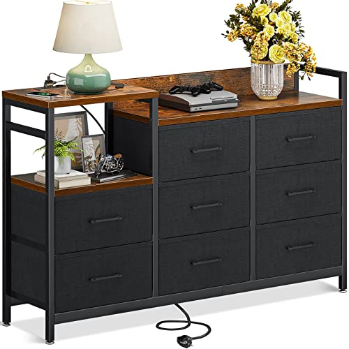 ODK Commode Chambre, 2 Ports USB et 2 Ports AC, Armoire à tiroirs multifonctionnelle pour Chambre et Salon - Buffet Stable et résistant, 132 * 30 * 88 cm, Vintage et Noir