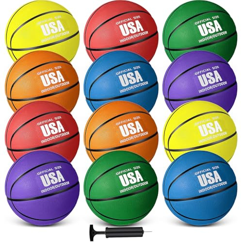 Libima 12 Pcs Rubber Basketball Official Size Bulk Streetball Multicolor Basket Ball with Pump Plain Basketball for Adult Youth Kid Indoor Outdoor Training Game Gift Back to School(Size 7, 29.5'')