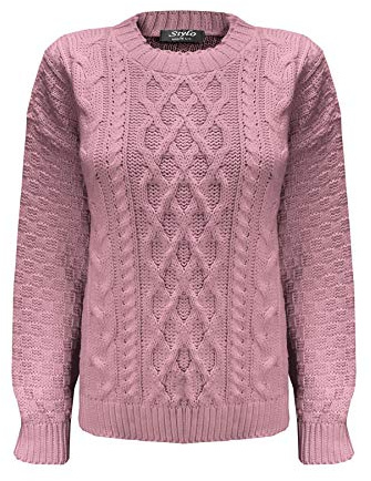 New Ladies Women Long Sleeve Knitted Cable Knit Jumper Sweater Crew Neck Pullover Top[Dusty Pink,SM]