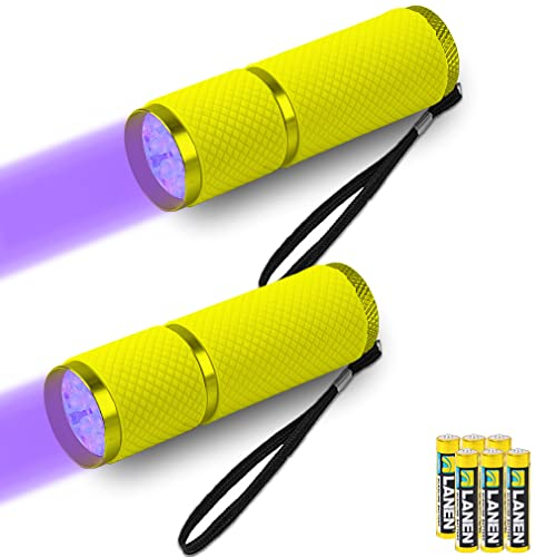 LEAGY 2-Pack Mini UV Flashlight with 9 LEDs and Batteries - Pet Urine Detector for Dog/Cat, Fluorescent Agents, Dry Stains, Counterfeit Detection, Banknotes, Bed Bugs etc (Yellow)