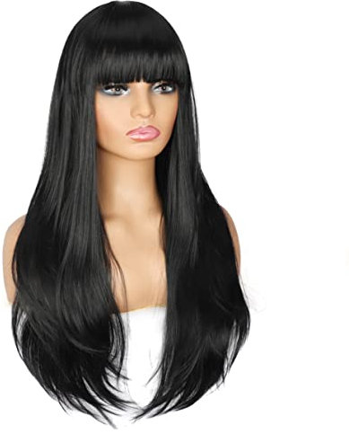 PORSMEER Perruque de cheveux synthétiques longs pour femme Déguisements Naturelle Perruque noire avec Frange 28 Pouces 70cm