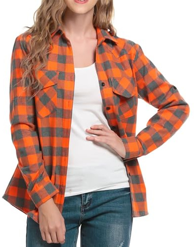 Timuspo Blusa de manga larga a cuadros para mujer con botones, estilo Oktoberfest, con cuello en V, casual, túnica, de franela, tops