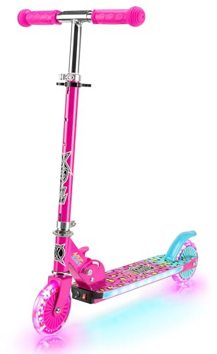 Xootz Wild Rider Light Up LED Scooter | Pink Leopard Folding Light Up Scooter with LED Deck, Pink and Blue, for Kids Ages 5+