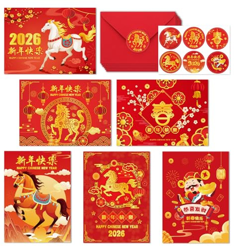 HOWAF 6pcs Happy Chinese New Year Cards 2026, Year of The Horse Cards Spring Festival Good Luck Greeting Card with Envelopes for Lunar Chinese New Year Gifts