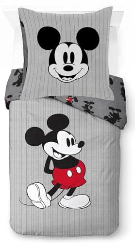 Jay Franco Disney Mickey Mouse Set gestreift – Bettbezug Set für eine Person inklusive Kopfkissenbezug 80 x 80 cm, warmes Bettwäsche Set Baumwolle