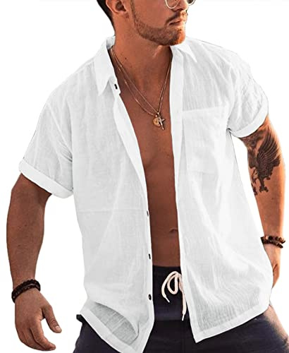 Runcati Camicia da uomo a maniche corte, in cotone e lino, con colletto rovesciato, per il tempo libero, bianco, M