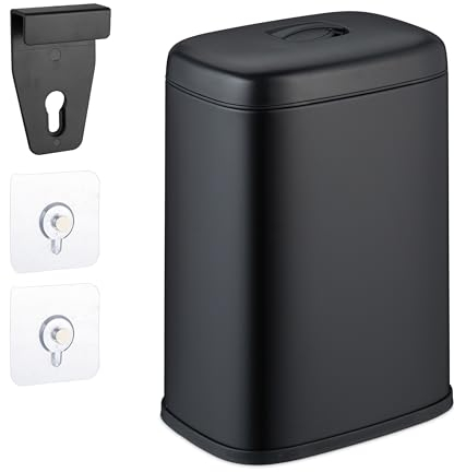 Relaxdays Poubelle de salle de bain, cuisine, montage mural, 5 l, à suspendre ou coller, seau intérieur, noire