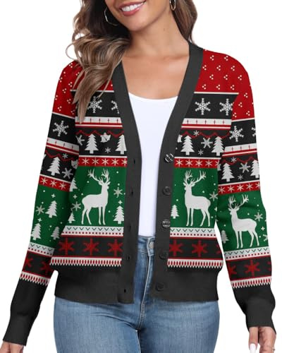 PrinStory Christmas Cardigans For Women Uk Knitted Women's Jumpers Xmas Cardigan Open Front Sweaters Button Down Long Sleeve Tops Knitwear (Christmas Black, M)