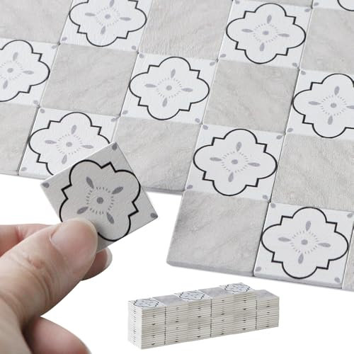 iLAND Puppenhausboden im Maßstab 1/12 1/6, Miniatur-Puppenhauszubehör, 115 Stück doppelseitige Puppenhaus Bodenbelag (115 Stück französische weiße Blumen- und graue Marmorfliesen)