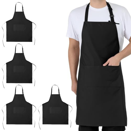 QWORK® 4 Piezas Delantal Chef Impermeable Ajustable con 2 Bolsillos, Ideal para Cocina y Más