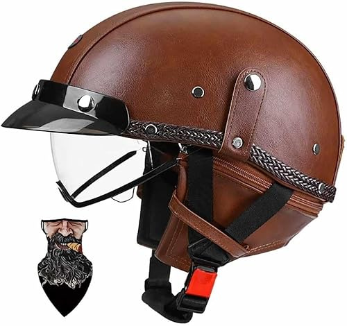 Casco da Moto, Mezzo Casco da Cruiser, Casco in Pelle, Mezza Calotta con Maschera, Certificato ECE/DOT, Fodera Interna Rimovibile, Calotte, Collo, Lenti estensibili, per Uomo e Donna I,L=57-58cm