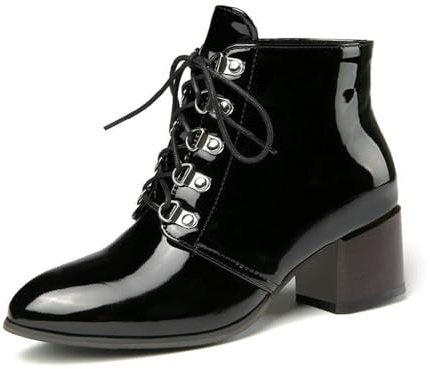 Botines de tacón medio grueso con cordones y puntera redonda para mujer, de charol, para oficina, zapatos de invierno, Black, 38 EU