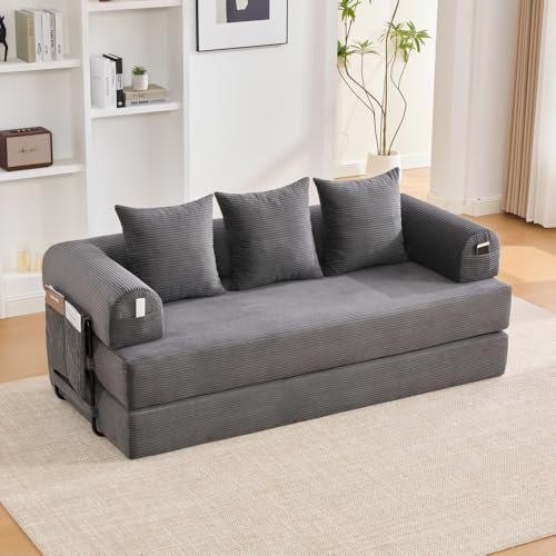 Lubvtti Sofá cama de 3 plazas con bolsillos laterales más 3 cojines, estructura de metal resistente, sofá modular plegable de compresión, sofá de 3 plazas de terciopelo acanalado (A-gris oscuro + 3