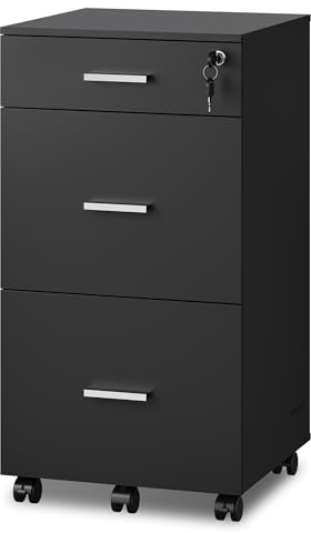 DEVAISE 3 Drawers Filing Cabinet, Lockable File Cabinet, Under Desk Drawers with Storage, Wood Fits Letter / A4 Size for Home Office, Carbon Black