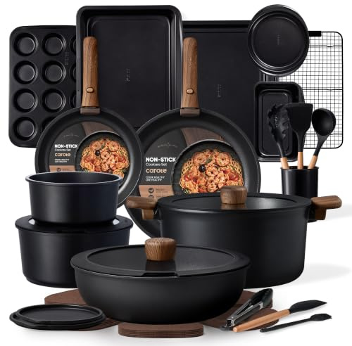 CAROTE 31pcs Pots and Pans Set Non Stick, Detachable Handle Cookware, Black