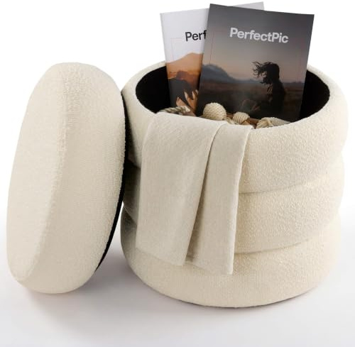 Arebos Sittpuff med förvaring Ø42 cm | Bouclé | 120 kg | Rund sittpuff med avtagbart lock, mjukt bouclétyg och praktiskt dolt förvaringsutrymme