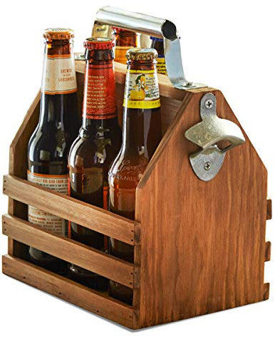 Hammer + Axe Wooden Bottle Caddy, Six-Pack Beer Carrier with Built-In Metal Bottle Opener, Vintage Look, Moisture-Resistant Brew Holder