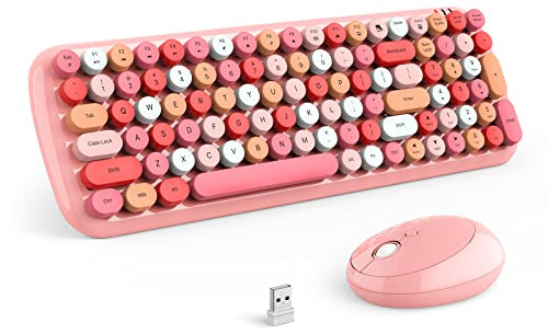 MOFII Wireless Keyboard and Mouse Combo, Full-Size Retro Typewriter-Style Wireless Keyboard with Optical Mouse for Computer/Laptop/Windows/Mac (Pink Colorful)
