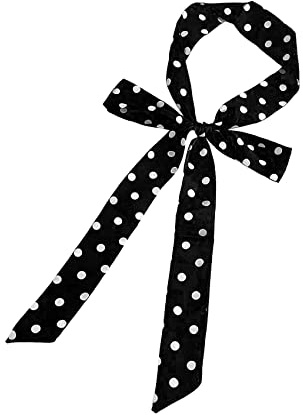 Sciarpa lunga in seta magra per donna cravatta o cappello, fiocco lungo nastro per sciarpa stretta/cintura fascia cravatta W-S-S1, Nero con pois bianchi, taglia unica