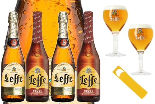 BSB ITALIA Leffe Birra Blonde e Leffe Rouge, 4 x 750 ml + 2 calici + 1 apri bottiglia