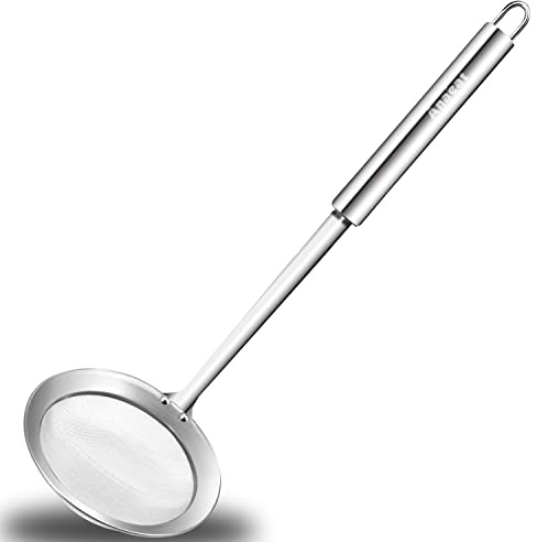 Anaeat 5.5 Stainless Steel Fat Skimmer Spoon - Professional Kitchen Fine Mesh Food Strainer and Hot Pot Skimmer with Long Handle for Skimming, Cooking, Frying, Grease, Gravy and Foam