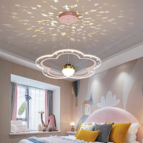 LED Starry Sky Chandelier Flower Design Children's Room Pendant Lights Dimmable Remote Control Dining Room Hanging Lamp Bedroom Lamp Dining Table Pendant Lamps Indoor Lighting Fixtures,Pink,40cm