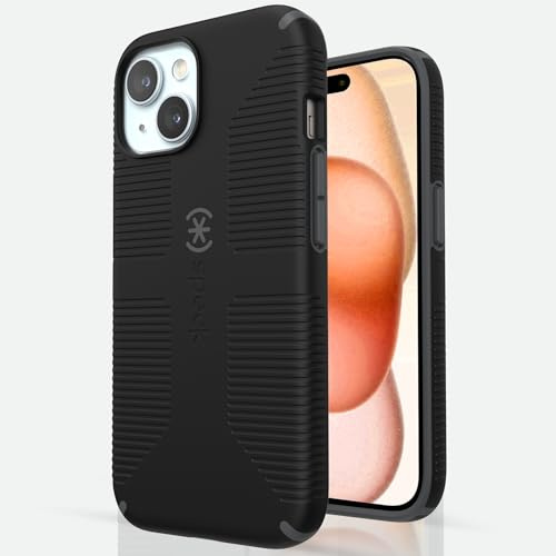 Speck iPhone 15 Hülle - Gebaut für MagSafe, Fallschutzgriff - für iPhone 15 iPhone 14 & iPhone 13 - Kratzfest, Soft Touch, 6,1 Zoll Handyhülle - CandyShell Grip Schwarz/Schiefergrau
