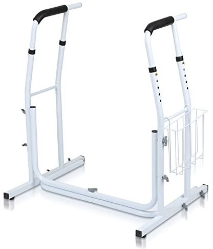 Eulenke Aufstehhilfe Toilette, Mobile Toiletten Aufstehhilfe, Toilettenstützgestell Höhenverstellbar mit Ablagekorb, Toilettenaufsatz Haltegriffe für Senioren und Behinderte, Belastbar bis 200KG