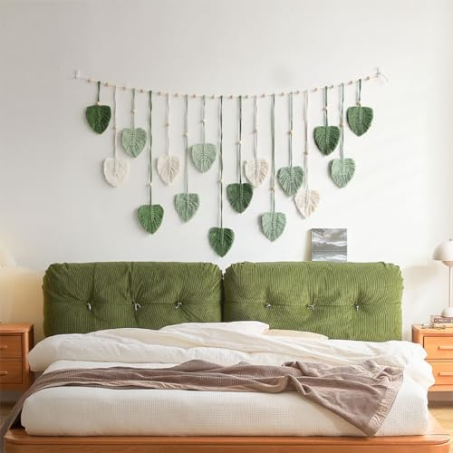Avoik Makramee Wandbehang Groß Wandteppich Handgemacht Wohnungs Dekorationen Mit Holzklammern Boho Makramee Wandteppich Gewebte Wandbehang Blatt Feder Wanddeko, Grüner