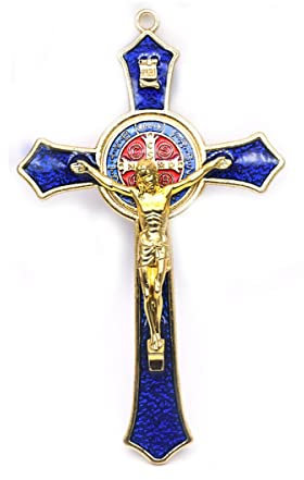 BRAVECOW Vintage Wall Decoration Gold Metal Hand Hold Cross Crucifix Jesus Holy Religious Carved Christ (Blue)