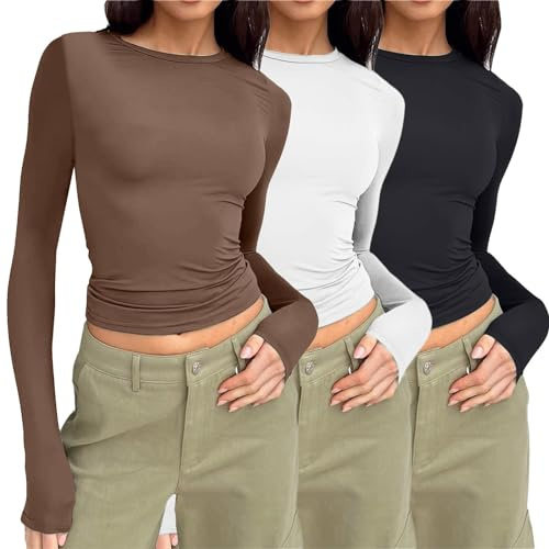 Confezione da 3 magliette basic a maniche lunghe Y2K, a tunica, slim fit, casual, girocollo, a maniche lunghe, in tinta unita, casual, per adolescenti, ragazze e donne, marrone, S
