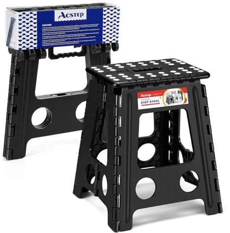 ACSTEP Hopfällbar stegpall 40 cm kraftig stegpall vikbar för vuxna och barn, hopfällbar stegpall med handtag, halkfria fällbara pallar för kök rymmer upp till 180 kg (svart 1 st)