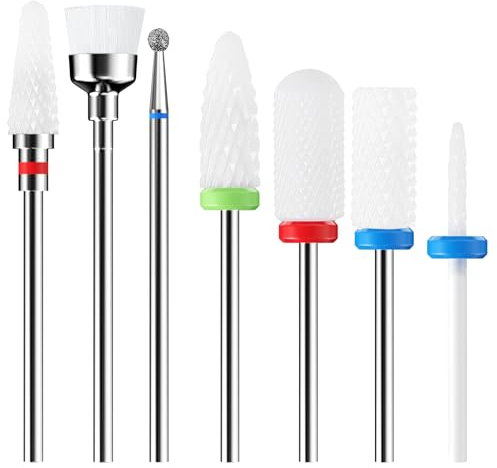 Traxenta Set di 7 Punte Fresa Unghie Ceramica Professionale, Punta da Trapano 3/32 Pollici per Unghie Ideali per Rimuovere Gel, Acrilico, Cuticola, Strumenti per Manicure e Pedicure Uso di Casa