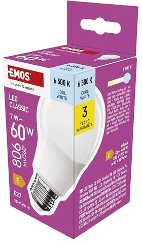 EMOS LED Lampe A60-Birne, 7W Ersatz für 60W Glühbirne, klassische Glühbirne-Form mit E27 Sockel, Helligkeit 806 lm, Kaltweiß 6500 K, 30000 h Lebensdauer, CRI min. 80, 180° Abstrahlwinkel