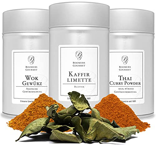 Boomers Gourmet - Asiatische Gewürze Set, Thai Curry I Kaffirlimettenblätter I Wok Gewürz - 206 g