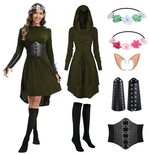OPAEHJF Disfraz renacentista para mujer, vestido medieval con capucha, vestido gótico, cosplay vintage victoriano para Halloween, carnaval (verde, L)