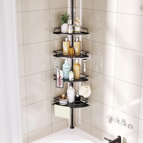 HapiRm Telescopic Shower Caddy Corner- 4-Tier Adjustable Shelf Storage with Toothbrush Holder and 4 Hooks, Rustproof No Drilling Bathroom Storage, Shower Corner Shelf for 27.6 to 108.3 Inch