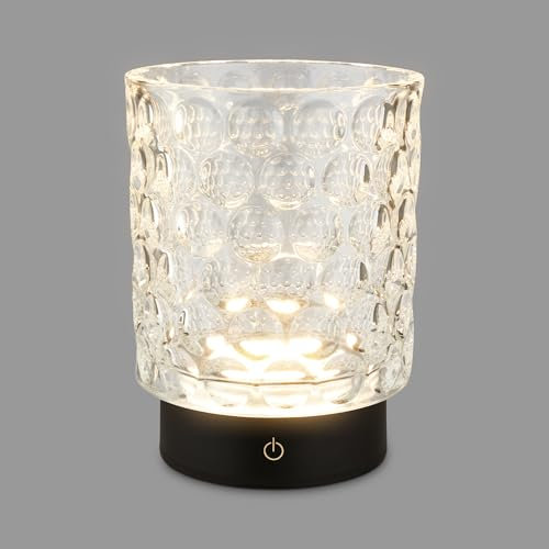 BRILONER - Lampada da tavolo a LED senza fili IP44 con corpo in vetro, dimmerabile a tocco, batteria ricaricabile e sorgente luminosa intercambiabile, lampada da comodino, 15x11 cm, trasparente