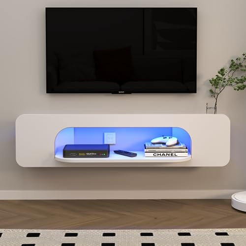 Pmnianhua Floating TV Shelf with LED Lights, Wall Mounted TV Shelves with 1 Open Shelf, Modern Entertainment Media Console Center Large Storage Shelf Under TV Bench (120cm, White)