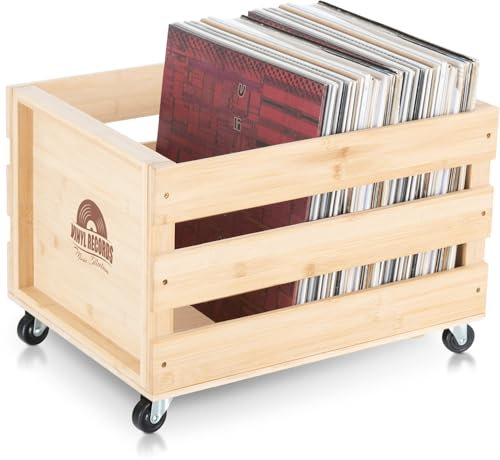 Stagecaptain SPKB-100 NT Bambus Schallplattenkiste “Emil” - Aufbewahrungsbox für bis zu 100 LPs - aus Bamus im Retro-Design - 4 lenkbare Rollen - auch für vieles andere bis 25 kg verwendbar - Natur