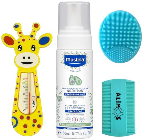 Cradle Cap Foam Shampoo For Newborns 150ml Bundled With Alimos Baby Bath Silicone Brush & Fine Tooth Comb And Bath Thermometer