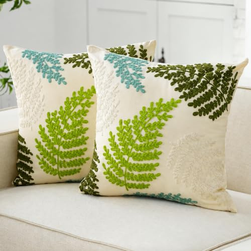 HunnmingRe 2 Pcs Sage Green Leaf Plant Embroidered Pillow Covers 18 x 18 Inch Tropical Fern Herbs Botanical Leaves Decorative Pillow Covers armhouse Soft Plush Pillowcase for Sofa Bed
