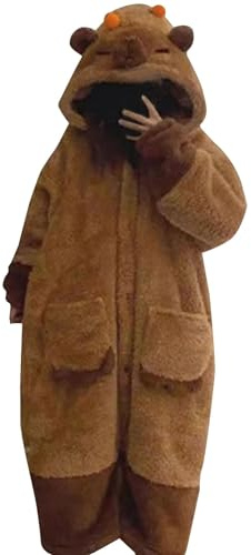 Generisch 2025 Bata de mujer de talla grande Capybara con botones, manga larga, cálida, con manta, mono desmontable, bata de invierno para mujer, marrón, XXL