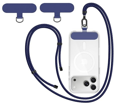 New&Teck Cordon Téléphone Portable avec 2 Patchs, Lanière de Téléphone 1m60 Résistant, Ajustable, Elégant compatible avec tous les Smartphones - Bleu