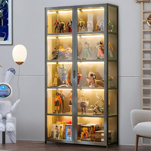 Scribora Vetrina a 5 piani in piedi, armadi Curio, libreria con ante, porte in acrilico trasparente, vetrina da collezione per soggiorno, ufficio, libri, sala giochi. (Grigio doppio tuir)