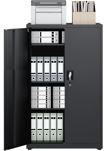 LAND·VOI Armadio in Acciaio 4 Ripiani con Serratura Ripiani Regolabili Ante a Doppia Porta Armadio per Ufficio Mobile in Metallo per Ufficio Garage Cucina Officina 80×40×131.5 cm Nero