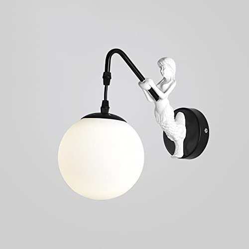 JXHSWDG Vägglampor Lampetter Vintage vägglampa Sjöjungfruskulptur Väggmonterad armatur med vit glasklotskärm, badrumslampor, dekorativ belysning Vägglampa för vardagsrum Restaurang hall