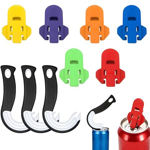 Vauki 3 abrelatas de anillo con forma de J, incluye 6 abrelatas simples, herramienta de cocina portátil en forma de J, para personas mayores y sin fuerza en las manos, abrelatas, abrelatas de bebidas